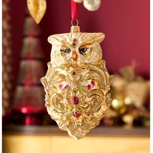 Neiman Marcus Royal Owl Christmas Tree Glass Ornament 6in Gold Holiday Decor New